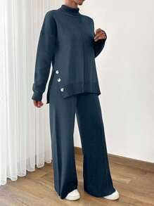 EURMUSE Women Asymmetrical And Button Detailed Hem High Neck Sweater And Sweater Pant Two Pieces Outfits Co-Ords,Loungewear Set,Petite,Winter Clothes - Navy Blue - View 5