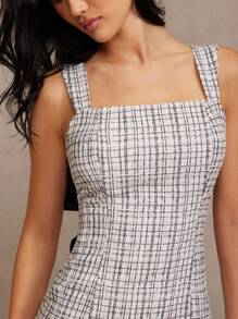 L'Amorae 优雅格子蝴蝶结装饰露背迷你连衣裙，夏季