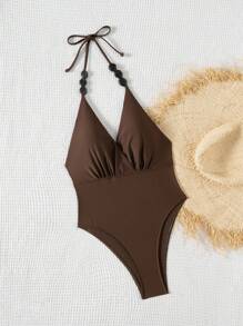 Swim Chiccia 1pc Women's Solid Color Elegant Gathered Tie Neck Asymmetrical Faux Pearl Decor Backless High Collar One-Piece Swimsuit For Summer Beach Vacation