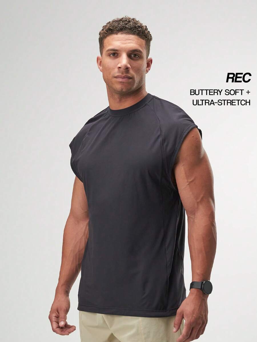 ARC Activewear Performance Cuttoff Tank Cap Sleeve Top T Shirt Gym Workout Muscle Tank - Black - View 1
