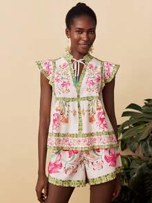 Travachic 2pcs Women Vacation Woven Printed Loose Shirt & High Waist Loose Shorts Set,Summer Outfits For Women,Beachwear,Spring And Summer,Easter,Holiday Outfits,Beach Outfits For Woman,Spring Break,Vacation Outfits Women,Concert Outfit Women,BOHO,Bohemia,Music Festival,Tropical Vacation Woman Clothes,Romantic,Going Out Tops Women,Date Night Outfits Women,Going Out Top,Going Out,All Women Clothes,Fall Clothes ,Autumn