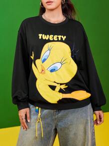 LOONEY TUNES X SHEIN 大码休闲卡通字母图案落肩卫衣 - 黑色 - 查看 5