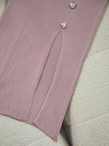 SHEIN Franclia 女式短袖优雅修身圆领装饰纽扣针织连衣裙 - 粉色 - 查看 4