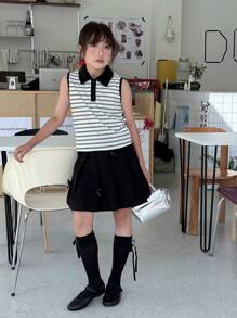 SHEIN 女童条纹无袖上衣和舒适款式夏季短裙两件套服装 - 黑色 - 查看 5