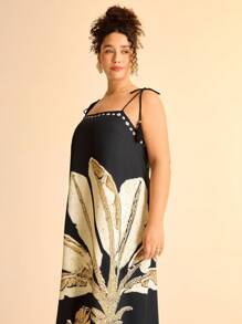 CAJUNI Plus Size Women Bohemian Tropical Coconut Tree Print Casual Sleeveless Tasselled Dress, Suitable For Beach Resort, Summer