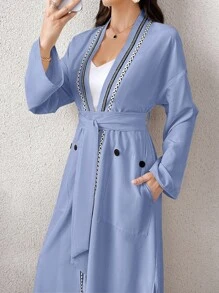 Al Najma 2pcs Women's Elegant Ribbon Patchwork Long Jacket And Pants Set, Spring Autumn, Work/Elegant/Casual/Modest Style, Abaya Set 2 Pieces Set Fall Cloth For Women - Baby Blue - View 6