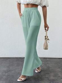 SHEIN PETITE Pantalones de pierna ancha de aspecto de lino de color beige sólido de cintura alta con cordón