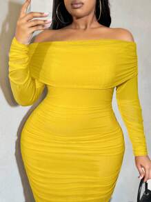 SHEIN SXY Plus Size Elegant Solid Color Off Shoulder Ruched Bodycon Dress Yellow Midi Dress Yellow Bodycon Dress Yellow Ruched Dress - Yellow - View 3