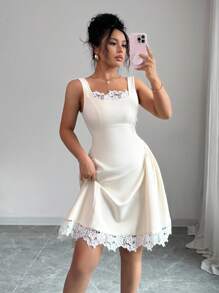 Elenzga Square Neck Splice Design Elegant Short Dress - Apricot - View 3