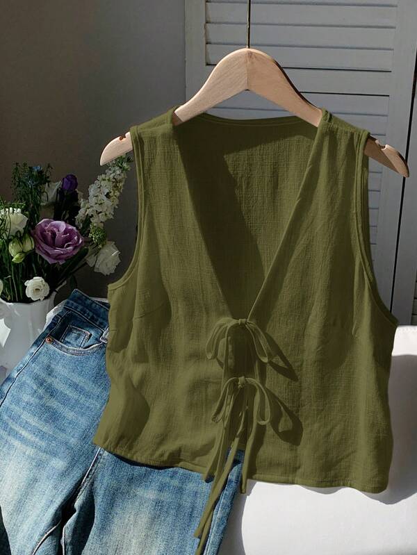 Comfortcana Camisa informal con botones y cintura anudada, sin mangas, de talla grande