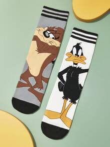 LOONEY TUNES X SHEIN 2 đôi tất dài đến bắp chân mềm mại, thoáng khí, thấm mồ hôi, họa tiết sọc hoạt hình, thời trang và dễ thương, màu xám và hồng, mũi và gót được gia cố để tăng độ bền, phù hợp cho cả nam và nữ, mọi mùa, mọi phong cách - Nhiều màu - Xem 9