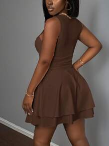 Slaydiva 女士休闲基本款甜美褶饰方领 A 字短裙，夏季 - 棕色 - 查看 3