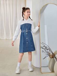 Tween Girl Contrast Color Hooded Long Sleeve Loose Casual Dress, Spring & Autumn - Medium Wash - View 5