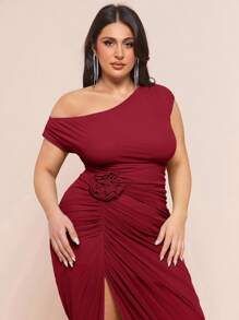 SHEIN BAE 加大码绿色 3D/压花碎花连衣裙，优雅连衣裙，适合夏季/女士夏装、海滩、度假、返校、春夏连衣裙、褶皱侧开衩连衣裙、婚礼、伴娘、鸡尾酒会、派对 - 酒紅色 - 查看 6