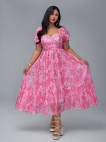 Flirla Plus Size Sweet Palace Style Puff Sleeve Elegant A-Line Dress - Multicolor - View 5