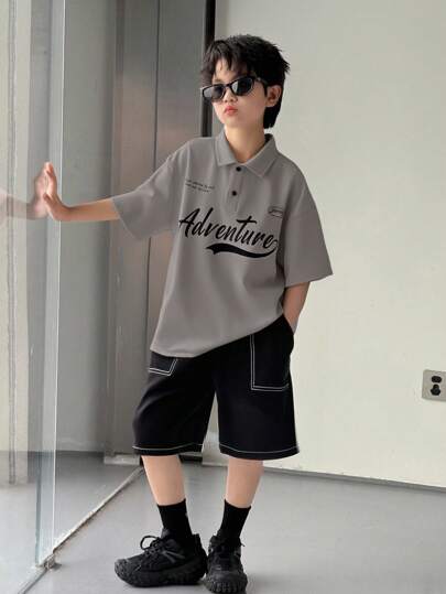 SHEIN Tween Boy Casual Comfortable Collegiate Inspired Minimalist Fashionable Personalized Letter Print Short Sleeve Polo Shirt, Knit Top And Woven Shorts Set, Suitable For Spring/Summer, Daily Wear, Sports, Outgoing, School, Gathering, Festivals, P,Oto Shooting, Back To School Season ,Teen Boy 2 Piece Set, Boys Fashion Outfit Korean, Summer Clothes Short Sets For Teen Boys Oversized Boys Outfits