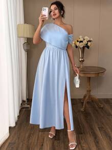 SHEIN LUNE 大码女式褶饰腰部不对称开衩优雅长裙，适合海滩装、茶会装、复活节装 - 藍色 - 查看 4