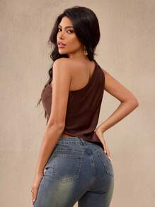 Glamance Women's Twist Shoulder Asymmetrical Hem Fitted Blouse Suitable For Summer Top Brown Top Chocolate Brown Top Coffee Brown Top Going Out Top Streetwear Women Grunge Punk Y2K 2000s Cute Top Back To School Club Outfits Women Sexy - Mocha Brown - View 2