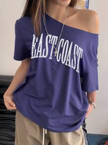 INAWLY 女士露肩短袖字母印花休闲 T 恤图案 T 恤女式上衣 - 藍色 - 查看 4