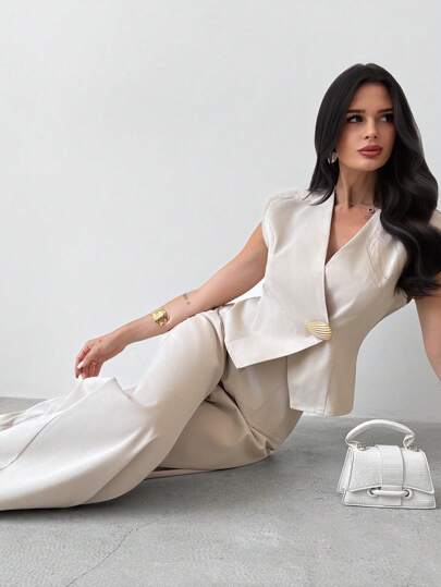 Firerie طقم ملابس علوية كروب بأكمام قصيرة وبنطال ذو خصر عالي وساق واسعة، مصنوع من معدن وتصميم أنيق وبسيط للاستخدام اليومي والذهاب إلى العمل، باللون المشمشي، ملابس مناسبة للمعلمات