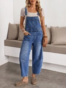 EMERY ROSE 女式口袋喇叭形宽松牛仔背带裤连体裤，夏季女式牛仔背带裤女式牛仔背带裤女式牛仔连体裤女式牛仔连体裤女式背带裤 - 藍色 - 查看 3