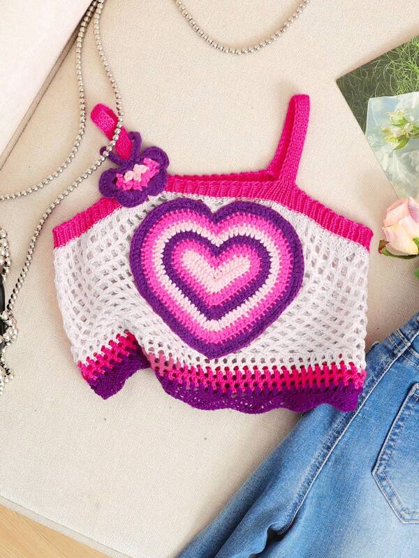 SHEIN Young Girl Color-Blocking Handmade Crochet Heart & Butterfly Decorated Camisole Top