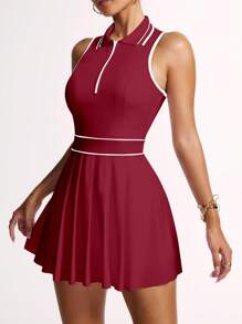 Easithlete Rochie sport fără mâneci cu guler parțial cu fermoar și pliuri în dungi pentru femei