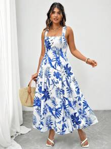 Flirla 大码女式法式休闲度假夏季热带植物印花无袖中长连衣裙 - 藍白色 - 查看 6