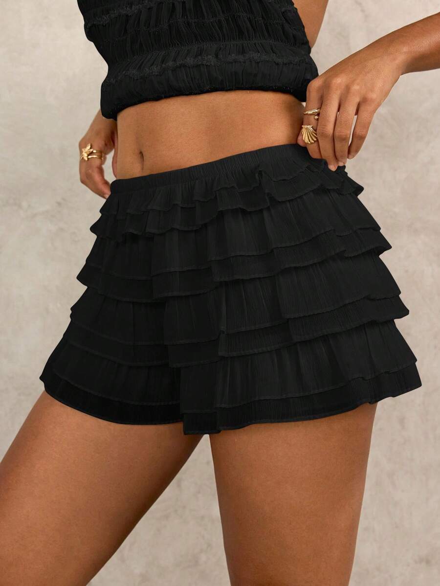 Swim Glamine Váy/Quần short hở lưng co giãn viền bèo nhún cho nữ - màu đen - Xem 1