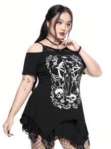 ROMWE Goth 哥特式猫星骷髅印花不对称下摆露肩蕾丝吊带大码 T 恤，狂欢，节日街头服饰，万圣节 - 白色 - 查看 6