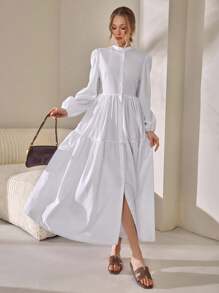 CLARA VERO Vestido largo de mujer de color liso, de primavera-verano, para salir, con camisa de botones y falda abullonada de manga larga y cuello alto con volumen