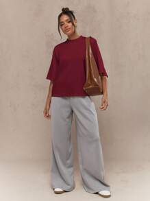 MISSGUIDED Áo thun lặn cỡ lớn có đệm vai chất lượng mềm mại, kiểu dáng hiện đại, trang phục thường ngày mùa thu đông, tối giản, thiết yếu - Màu Đỏ Sâu - Xem 5