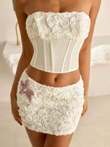 Vowa 2 件套优雅杏色螺旋花拼布缎面抹胸和紧身迷你裙套装，适合约会、度假、音乐节、下午茶、毕业典礼、婚礼、派对、舞会礼服