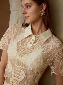 MOTF PREMIUM Transparente Bluse mit Besticktem Mesh-Polokragen ohne BH