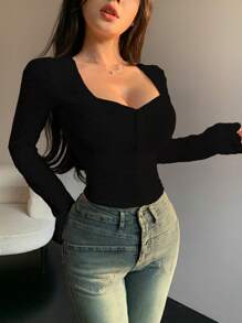 DAZY Women Solid Color Heart-Shaped Collar Long Sleeve Top - Black - View 6