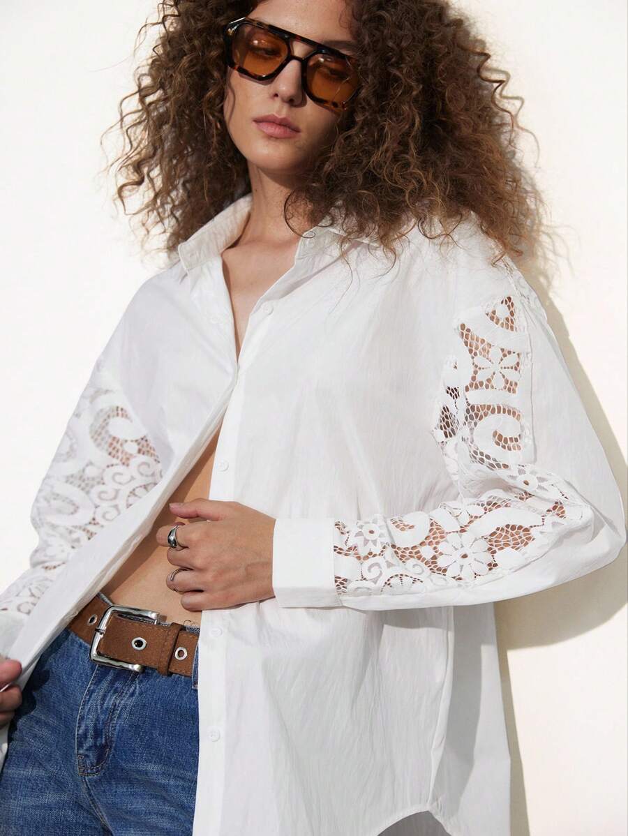 Aveloria Affinna White Minimalist Design Flared Sleeve Lace Patchwork Sheer Vintage High Collar Casual Versatile Long Sleeve Blouse For Women - White - View 1
