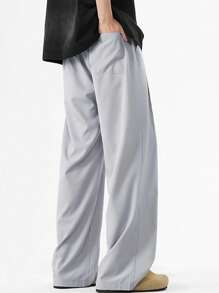 Claim Dot Calça de Moletom Masculina de Perna Larga Solta com Bolso e Cordão na Cintura, Cor Sólida, Casual - Cinza Claro - Visão 5