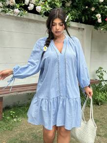 SHEIN EZwear 大码休闲宽松日常装荷叶边下摆长袖连衣裙 - 藍色 - 查看 5