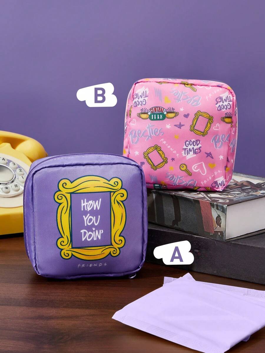 FRIENDS X SHEIN 1 set Bolsa de almacenamiento de fibra de poliéster con estampado de diseño de dibujos animados, se puede usar como bolsa de almacenamiento de artículos femeninos, bolsa de almacenamiento digital, bolsa de almacenamiento de artículos pequeños, amistad, marco de fotos