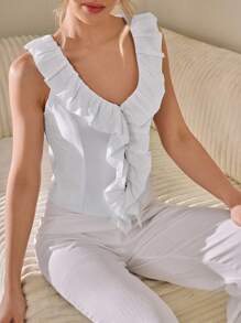 CLARA VERO Blusa informal de verano con botones en la parte delantera, sin mangas, con volantes alrededor del cuello y aspecto limpio de tejido de un solo color para mujer
