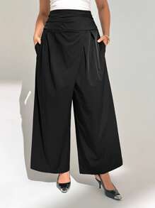 Auralis Plus Size Business Casual Work Women Office Teacher Airport Summer And Autumn New Fashion Casual Commuting Business High Waist Waist Pleated Design With Pockets Long Wide Leg Pants,Wide Leg Pants