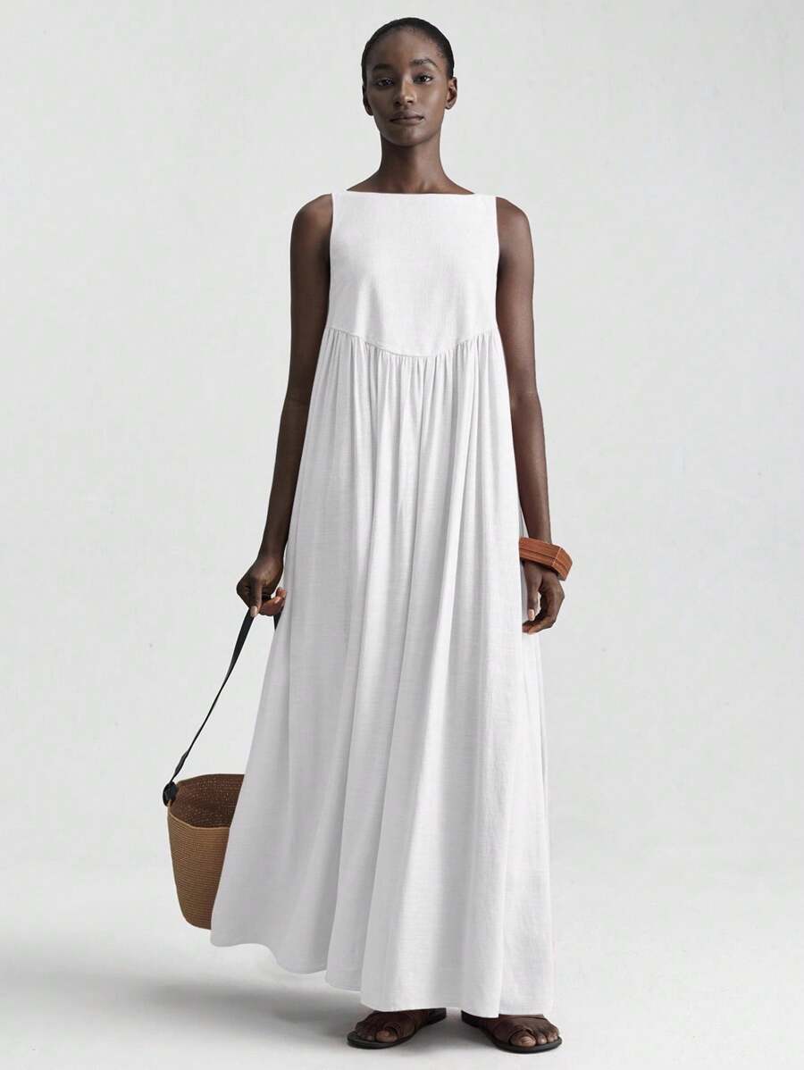 Ontre 2026春夏女士纯色褶皱圆领无袖休闲长款粉色连衣裙，波西米亚风，度假风，宽松舒适，欧洲夏季商务休闲女士度假沙滩生日派对连衣裙，春夏新款服装 - 白色 - 查看 1