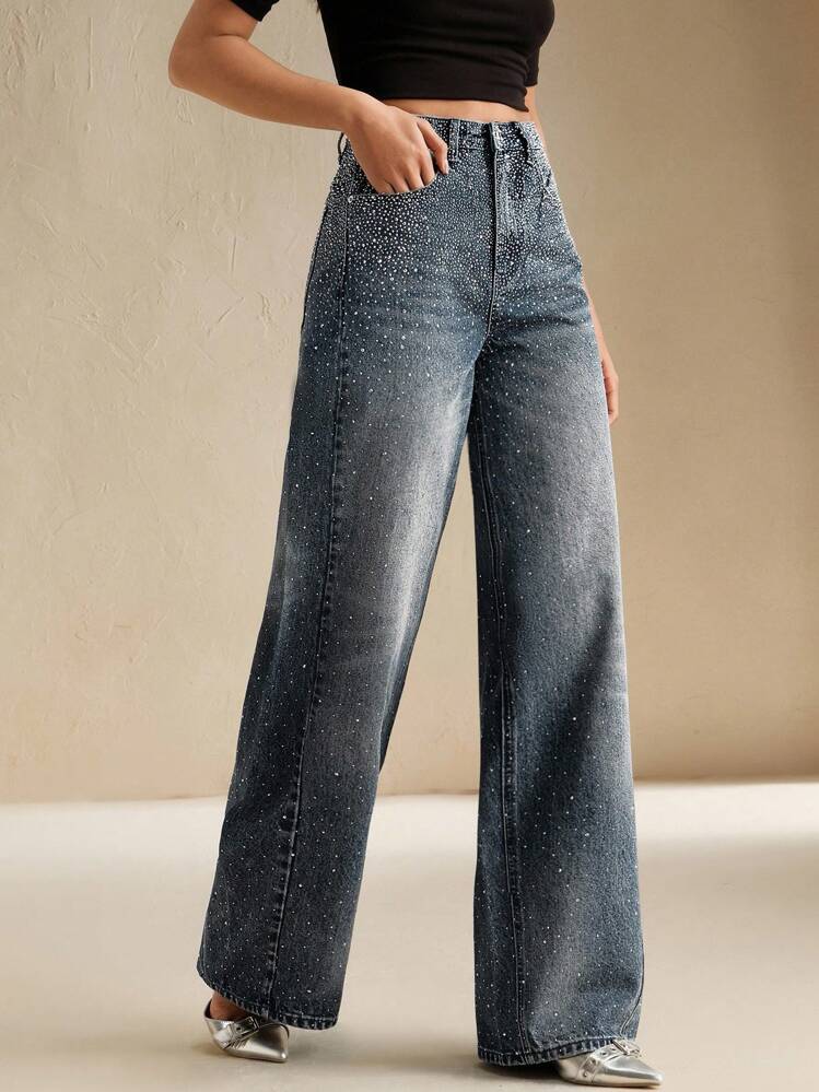 Anewsta Denim de Perna Larga Casual e Desbotado Deslumbrante - Azul - Visão 6