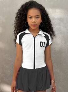 Coolane Kids Tween Girls Spring/Summer Y2k Summer 3 Colors Blocking Slim Fit Short Sleeve T-Shirt With Front Zipper And Stand Collar Fall Winter