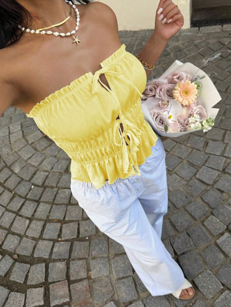 Sunnyshic Biały damski top typu tuba z koronką i wycięciami na dole - Żółty - Zobacz 1