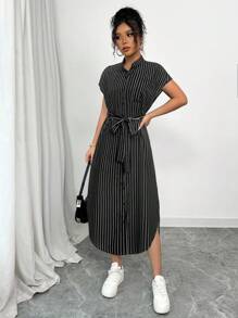 Selianne Romantic Elegant Graduation Concert Outfit Business Casua Old Money Style Anouk Yve Aura Quiet Style Commuter Blue Striped Shirt Dress Short Sleeves Pocket Bow Slits 2025 Spring And Summer Vacation And Leisure Home New Long Dress - Black - View 3