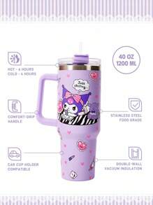 HELLO KITTY AND FRIENDS | SHEIN 卡通图案 40 盎司带手柄玻璃杯、保温杯、真空保温水瓶、不锈钢旅行杯、车载杯 - 紫色 - 查看 3