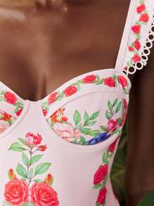 Travachic 1pc Women's Floral Print One-Piece Swimsuit With Cap Sleeves, Fashion Holiday Beachwear