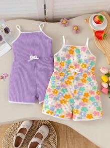 2pcs/Set Girl Toddler Colorful Floral Full Print + Solid Color Comfy Casual Romper, Suitable For Summer