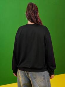 LOONEY TUNES X SHEIN 大码休闲卡通字母图案落肩卫衣 - 黑色 - 查看 2
